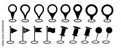 Black location pin, flag marker vector icon set. Gps map markers illustration collection isolated on white background, to use in gps, travel, turism, automotive design projects.
 photo