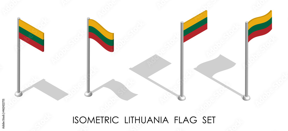 isometric flag of LITHUANIA in static position and in motion on flagpole. 3d vector