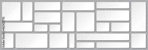 Set of blank paper banners with shadows on transparent background. Adhesive stickers, labels with rounded corners. Vector illustration.