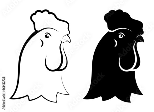 Schematic Linear symbol. Head of rooster male. Farm bird. Simple black and white vector isolated on white background