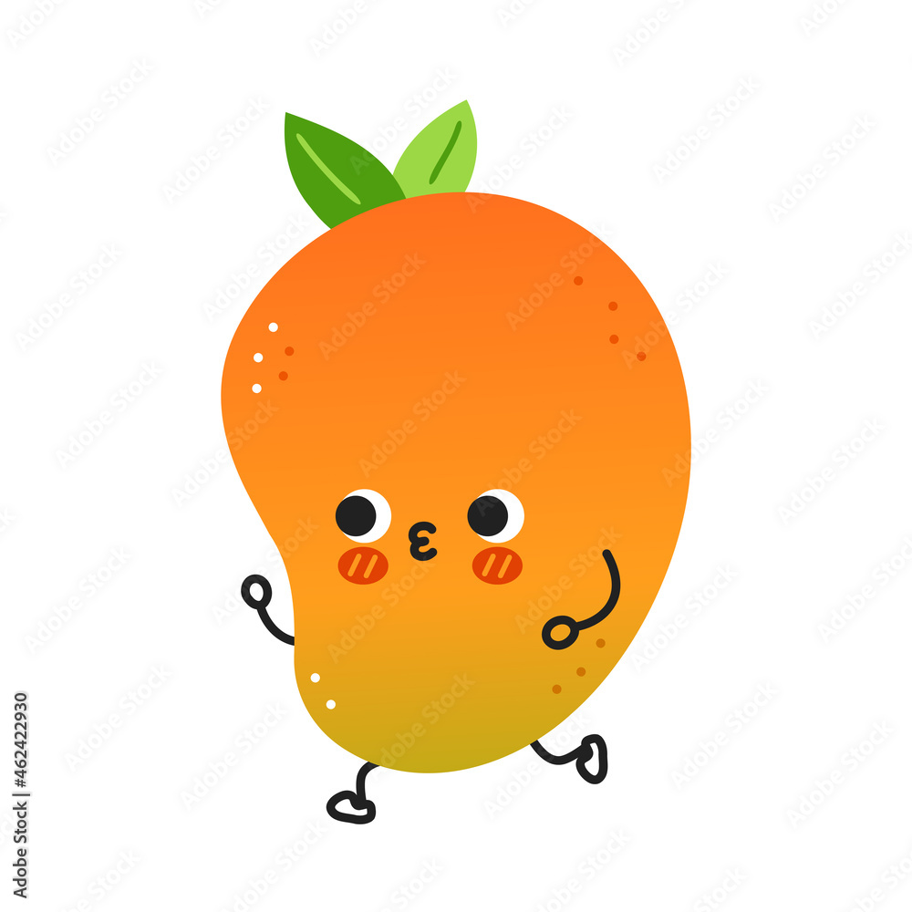 Cute funny mango fruit jogging. Vector hand drawn cartoon kawaii character illustration icon. Isolated on white background. Mango exotic baby fruit character concept Cute funny mango fruit jogging. Vector hand drawn cartoon kawaii character illustration icon. Isolated on white background. Mango exotic baby fruit character concept