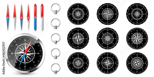 Realistic silver vintage compass with marine wind rose and cardinal directions of North, East, South, West. Shiny metal navigational compass. Cartography and navigation. Vector illustration.