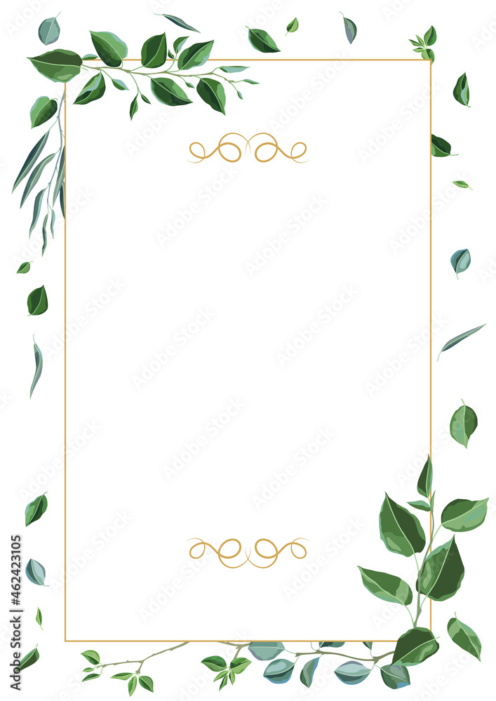 Frame with branches and green leaves. Spring or summer stylized foliage.