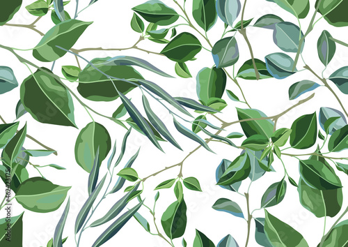 Seamless pattern with branches and green leaves. Spring or summer stylized foliage.