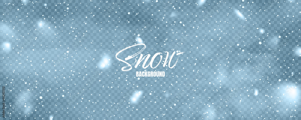 Realistic falling snow with snowflakes. Blue winter background for Christmas or New Year card. Frost storm effect. Vector illustration.