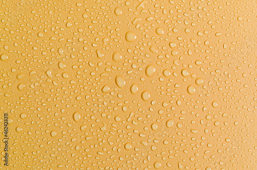Light beige background with large and small drops of water. The texture of a water drop on a colored background is a top view.