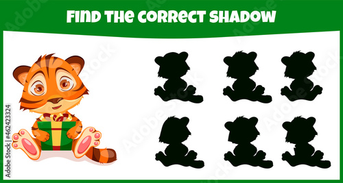Find the correct shadow. Educational matching game for children with cute tiger.