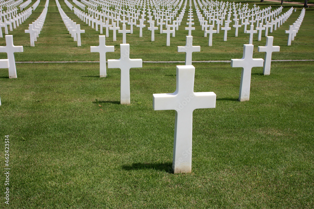 expanse of solemn crosses in a green field of the memorial cemetery of ...