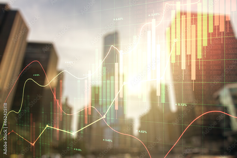 Multi exposure of abstract financial diagram on office buildings background, banking and accounting concept Multi exposure of abstract financial diagram on office buildings background, banking and accounting concept