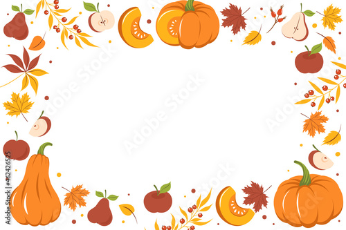 Set with pumpkin, autumn colorful leaves and fruit. Card design Happy thanksgiving. Vector illustration