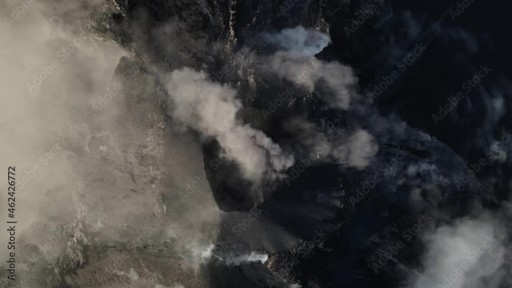Volcan de fuego erupting lava, smoke and rocks in Guatemala by drone. Dangerous volcano, big hike, fire.