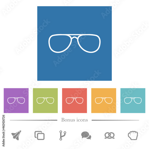 Glasses flat white icons in square backgrounds