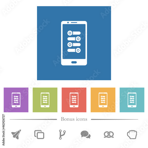 Mobile fine tune flat white icons in square backgrounds