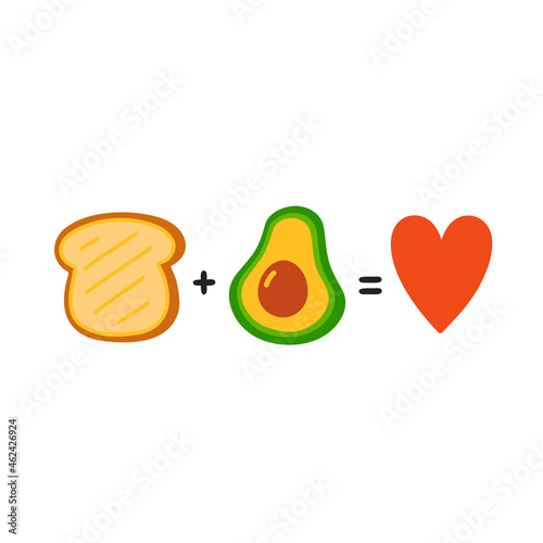 Toast plus avocado equals love. Cute funny poster,card illustration. Vector cartoon illustration icon. Isolated on white background. Toast with avocado, funny mathematical equation, concept