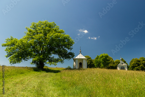 A chapel surrounded by fields and forests, Kalwaria Pacławska, Poland