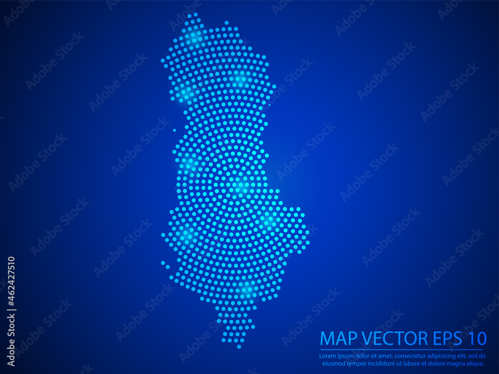 Abstract image Albania map from point blue and glowing stars on Blue background.Vector illustration eps 10.
