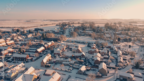 snowy village from above