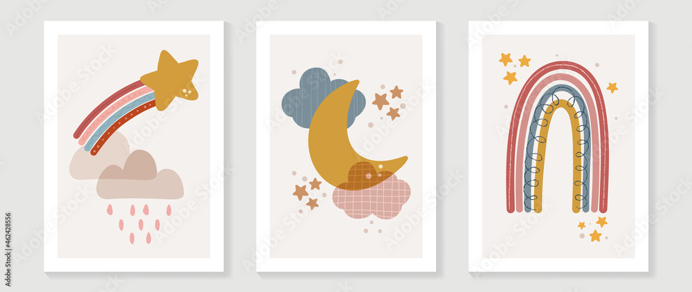 Kids wall art vector collection. Cute hand drawn design with cloud , rainbow, moon and star.  Wallpaper background design for kids room decoration, Nursery wall art, Baby and toy cards and cover.