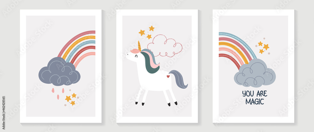 Kids wall art vector collection. Cute hand drawn design with cloud , rainbow, unicorn and star. Wallpaper background design for kids room decoration, Nursery wall art, Baby and toy cards and cover.