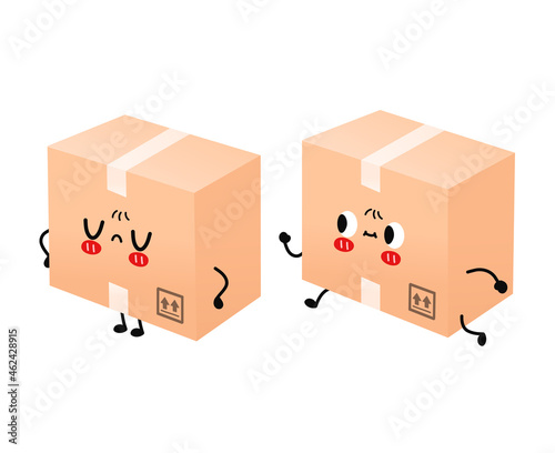 Cute smiling happy and sad parcel,delivery box. Vector flat cartoon character illustration.Isolated on white background. Delivery box run fast cartoon character concept