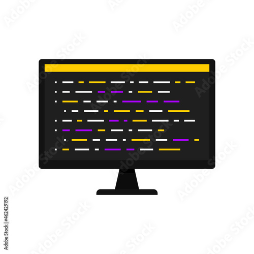 Programming. Writing code on a computer screen. Coding. Development and software. Web. SEO. Flat style. Vector illustration