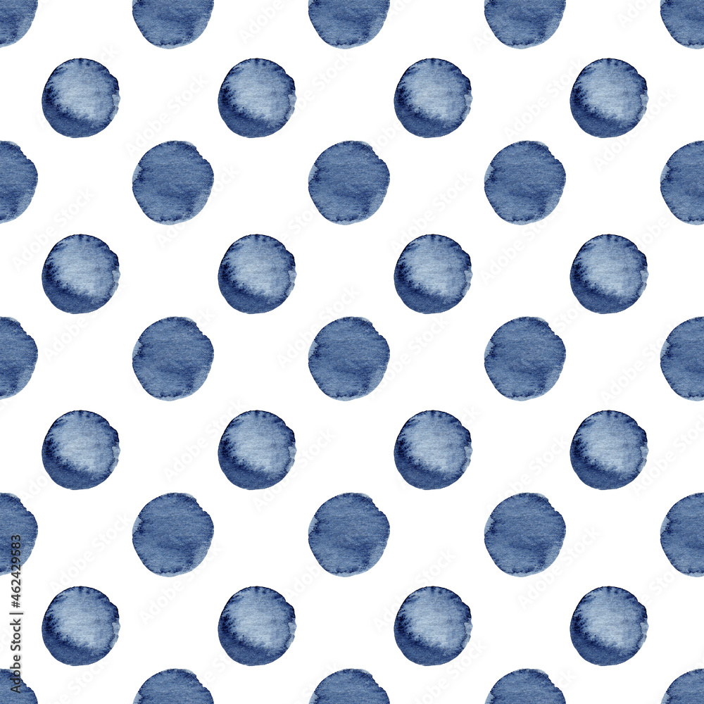 Hand painted watercolor seamless pattern. Abstract blue indigo round drop background.