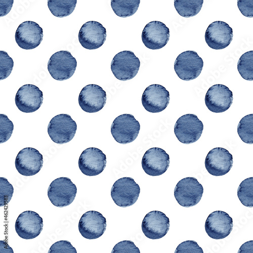 Obraz na płótnie Hand painted watercolor seamless pattern. Abstract blue indigo round drop background. w salonie