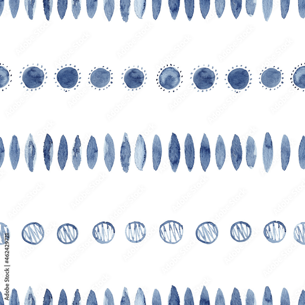 Blue indigo watercolor seamless pattern. Hand drawn abstract background.