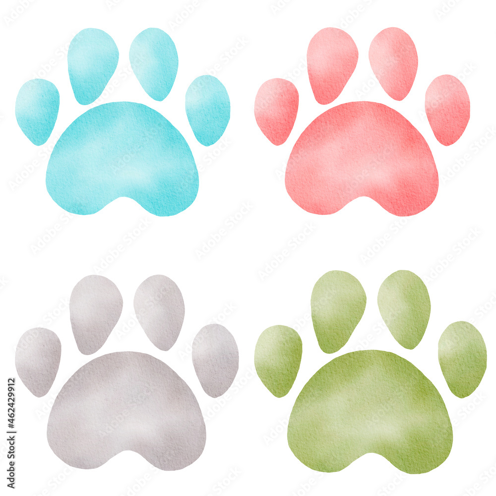 Paw prints watercolor clipart. Hand painted animal footprints. Illustration for kids graphics, nursery decor.