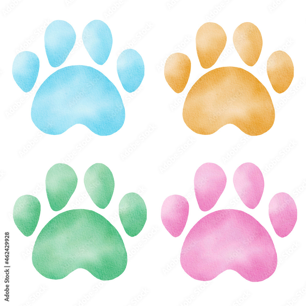 Hand painted watercolor paw prints. Pastel color footprints clipart for wallpaper, kids graphics, DIY projects.