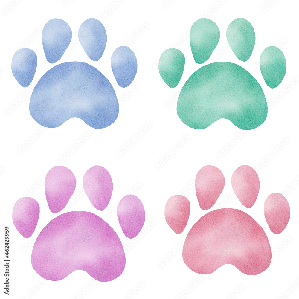 Watercolor animal footprints. Pastel color paw prints clipart. Hand painted illustration isolated.