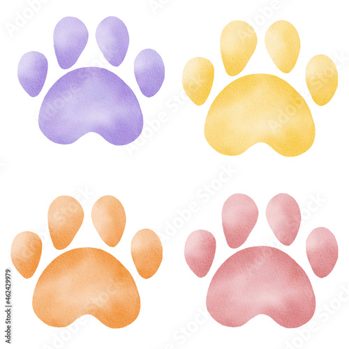 Paw prints watercolor clipart. Hand painted dog or cat footprints illustration.