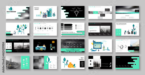 Eco-design City business. Presentation template, geometric shapes background, green and black elements. Teamwork, businessman, nature and trees. Use in flyers and SEO, webinar pages.Vector infographic