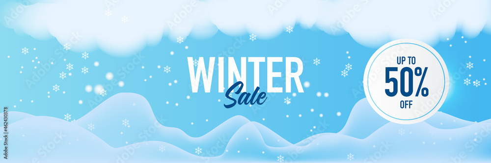 Winter sale blue banner banner background with snowflake, clouds, palm tree, and mountain. Origami snowfall. Vector Illustration.
