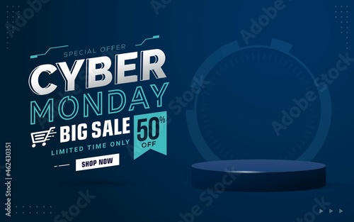 Cyber Monday sale banner template for business promotion vector illustration with blank product podium scene