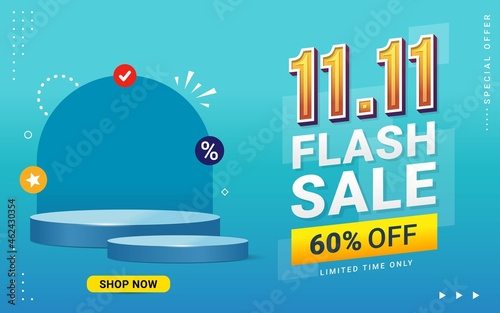 Vector of 11.11 Shopping day Poster or banner with blank product podium scene. 11 november sales banner template design for social media and website