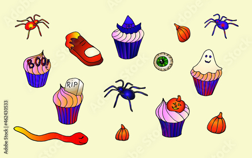 Halloween sweet treats set. Holiday food in hand drawn style. Esoteric and mystery symbols for stickers  badges  print
