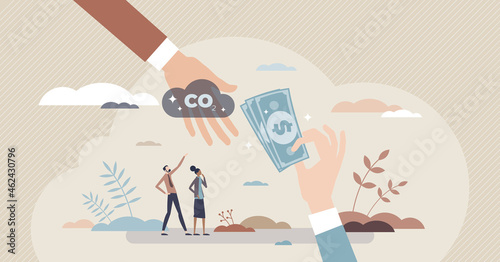 Carbon pricing external costs of greenhouse gas emissions tiny person concept. GHG payment as environmental fee to reduce CO2 vector illustration. Trading system with fossil price vector illustration.