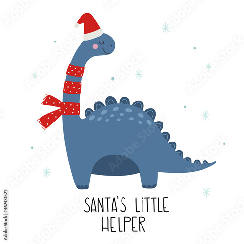 Christmas dinosaur. Hand lettering Santa's little helper. Vector illustration of funny character in cartoon flat style. Vector hand-drawn color children's illustration. Baby print. 
