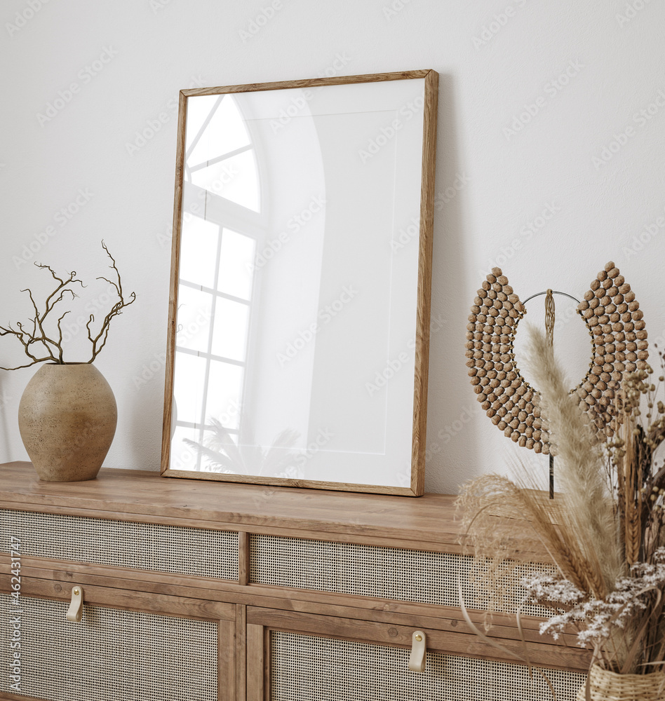 Mockup frame in farmhouse living room interior, 3d render - obrazy, fototapety, plakaty 