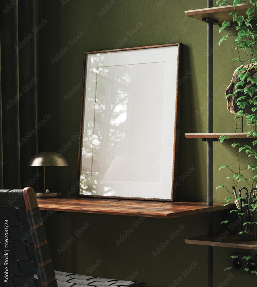 Mockup frame in home office interior background, mid-century modern style in loft, 3d render - obrazy, fototapety, plakaty 