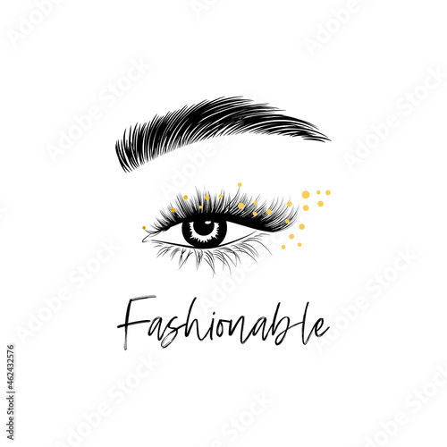 Fashionable eye with fluffy eyelashes and brow logo for beauty studio