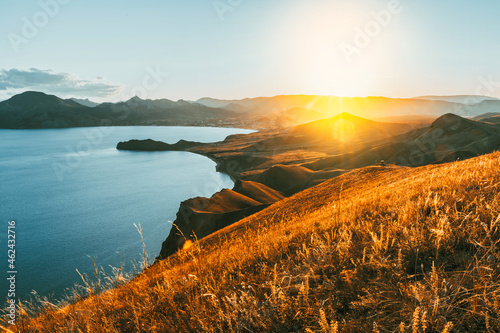 Принти на полотні Stunning mountain landscape in the sunset rays of the sea coast and mountains in the Crimea