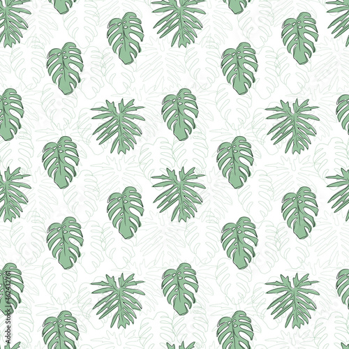 Monstera leaf seamless pattern. Print for textile with tropical plant. Exotic texture with greenery havaiian leaf. 
