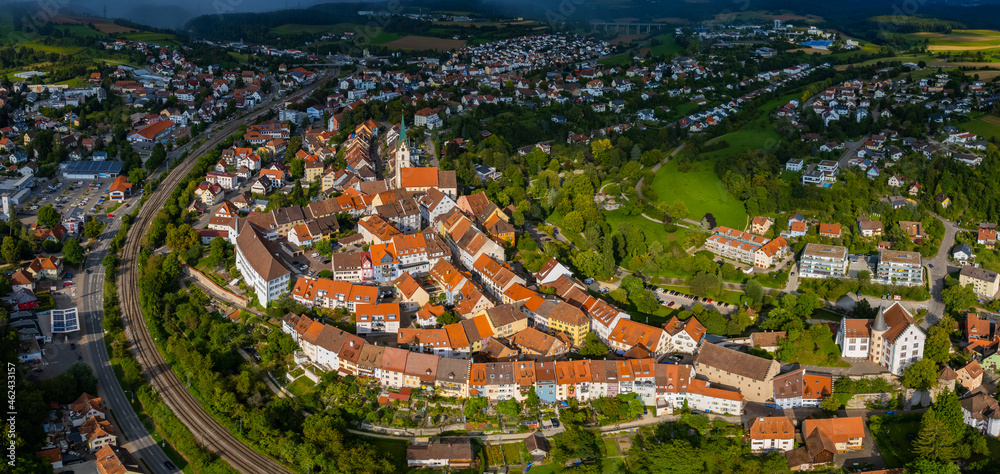 Aerial of the old town of city Engen in Germany on a cloudy day in summer