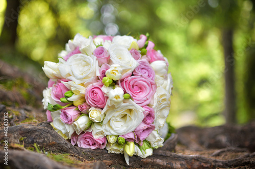 Bride bouquet left in the forest