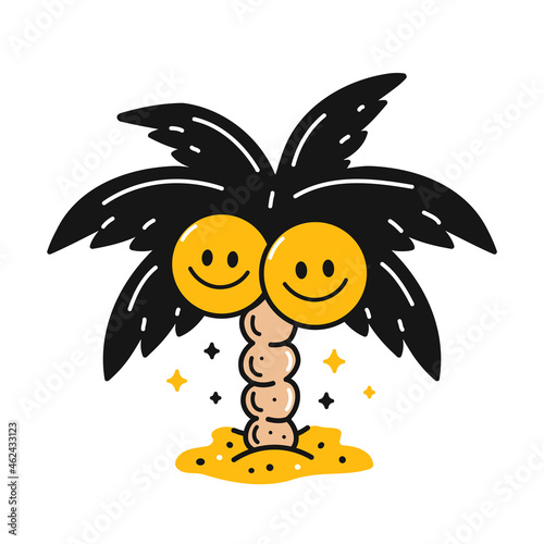 Palm tree with smile face coconut. Vector hand drawn doodle style cartoon character illustration. Isolated on white background. Palm,smile face print design for sticker,poster,t-shirt