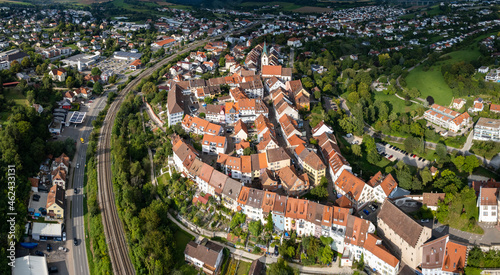 Aerial of the old town of city Engen in Germany on a cloudy day in summer photo