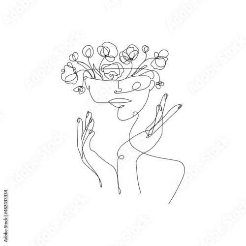 Surreal illustration, girl with flowers in her head. Vase in the head of a woman.Abstraction in continuous line style, vector outline illustration