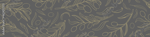 Seamless pattern with hand drawn olive branches and leaves. Healthy food background. Vector illustration.